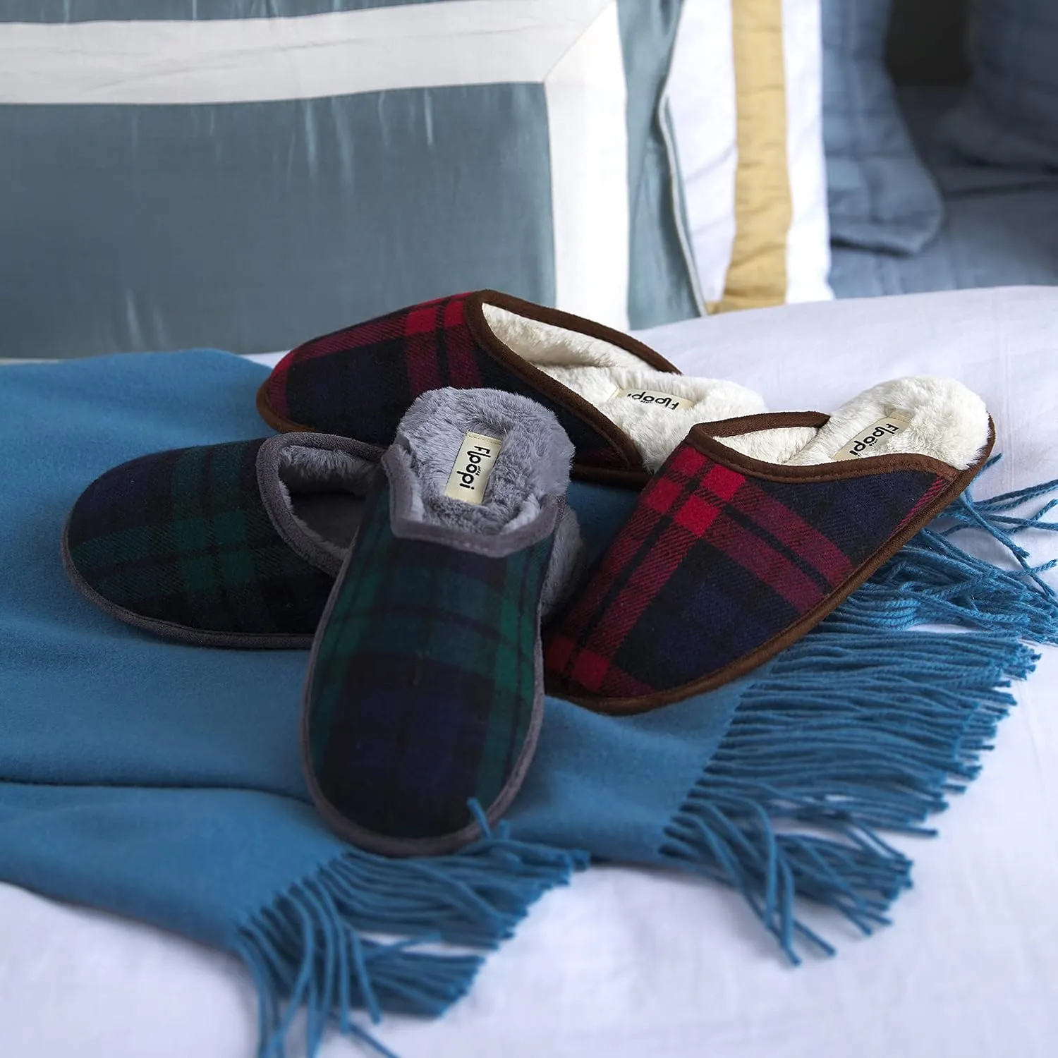 Floopi Slippers for Women Kelly Indoor Outdoor Plaid Faux Sherpa Fur Lined Scuff Slipper W/Memory Foam
