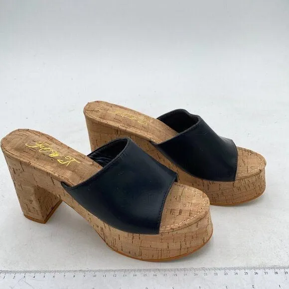 FOWT Black Cork High Chunky Heel Backless Mule Platform Open Toe Vacation Sandal
