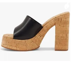 FOWT Black Cork High Chunky Heel Backless Mule Platform Open Toe Vacation Sandal