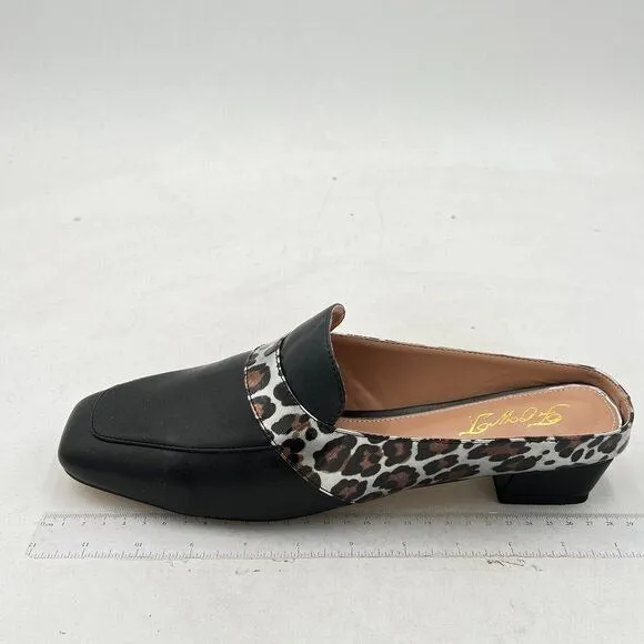 FOWT Black Leopard Square Toe Chunky Heel Backless Mule Sandal Walking Shoes