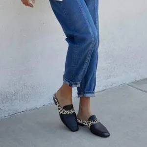 FOWT Black Leopard Square Toe Chunky Heel Backless Mule Sandal Walking Shoes