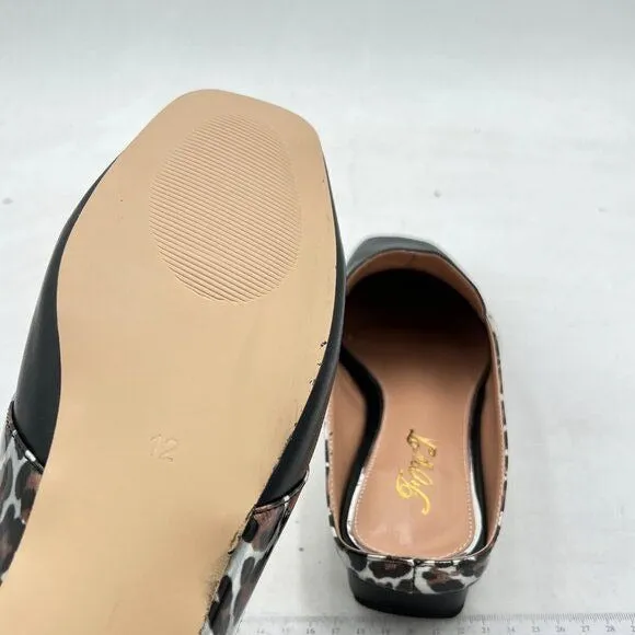 FOWT Black Leopard Square Toe Chunky Heel Backless Mule Sandal Walking Shoes