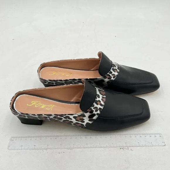 FOWT Black Leopard Square Toe Chunky Heel Backless Mule Sandal Walking Shoes
