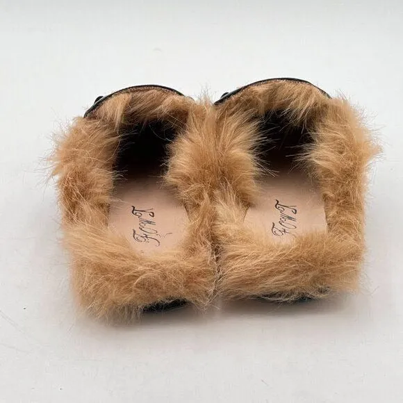 FOWT Black Mules for Women Fluffy Fur Buckle Mule Shoes Backless Loafers Leather