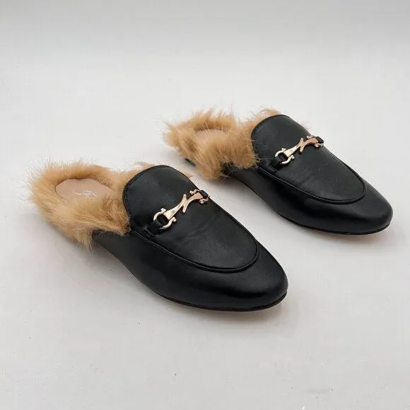 FOWT Black Mules for Women Fluffy Fur Buckle Mule Shoes Backless Loafers Leather