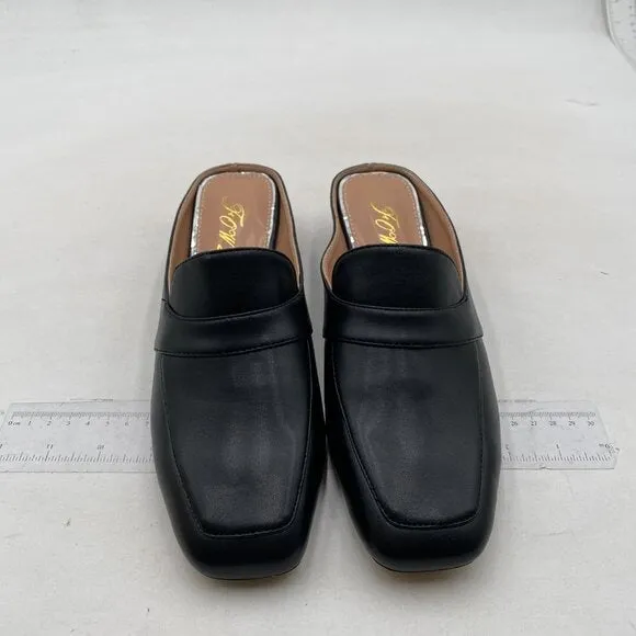 FOWT Black Women Luxury Leather Mule Square Toe Loafer Chunky Heel Backless Mule