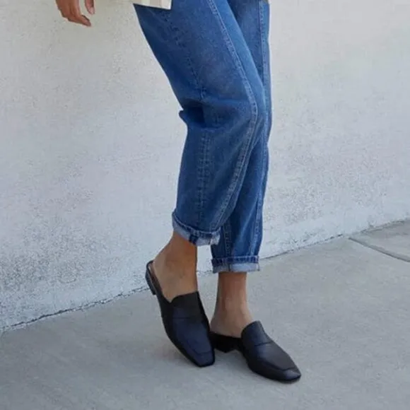 FOWT Black Women Luxury Leather Mule Square Toe Loafer Chunky Heel Backless Mule