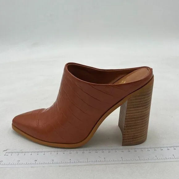 FOWT Brown Crocodile Embossed Mule Chunky Heel Slipper Pointed Toe Slides Sandal