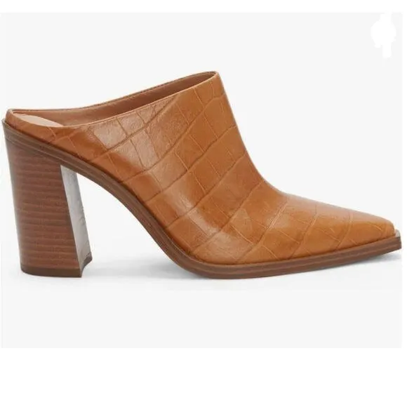 FOWT Brown Crocodile Embossed Mule Chunky Heel Slipper Pointed Toe Slides Sandal