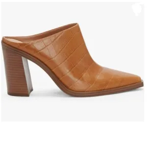 FOWT Brown Crocodile Embossed Mule Chunky Stacked Heel Slippers Pointed Toe Shoe
