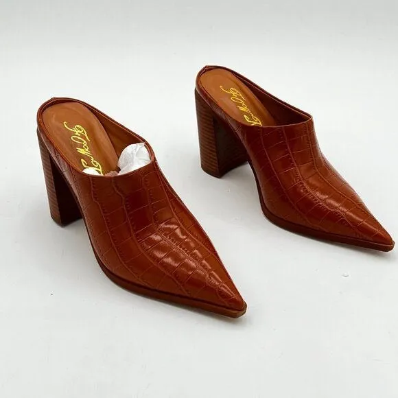 FOWT Brown Crocodile Embossed Mule Chunky Stacked Heel Slippers Pointed Toe Shoe