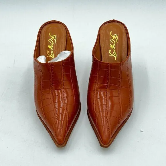 FOWT Brown Crocodile Embossed Mule Chunky Stacked Heel Slippers Pointed Toe Shoe
