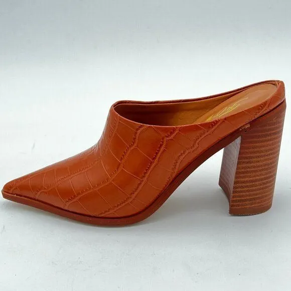 FOWT Brown Crocodile Embossed Mule Chunky Stacked Heel Slippers Pointed Toe Shoe