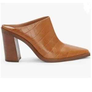 FOWT Brown Crocodile Embossed Mule Chunky Stacked Heel Slippers Pointed Toe Shoe