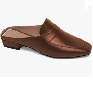FOWT Brown Square Toe Loafer Chunky Heel Backless Mule Slip on Walking Sandal