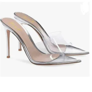 FOWT Silver Clear Mule Pointed Open Toe Slippers with Sexy High Heel Sandals