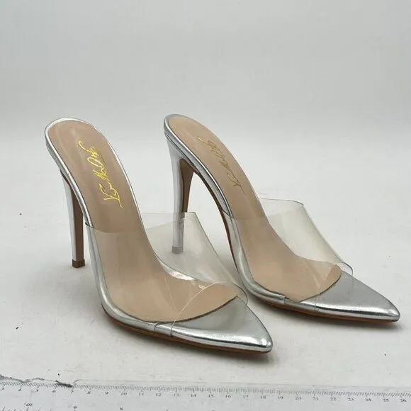FOWT Silver Clear Mule Pointed Open Toe Slippers with Sexy High Heel Sandals