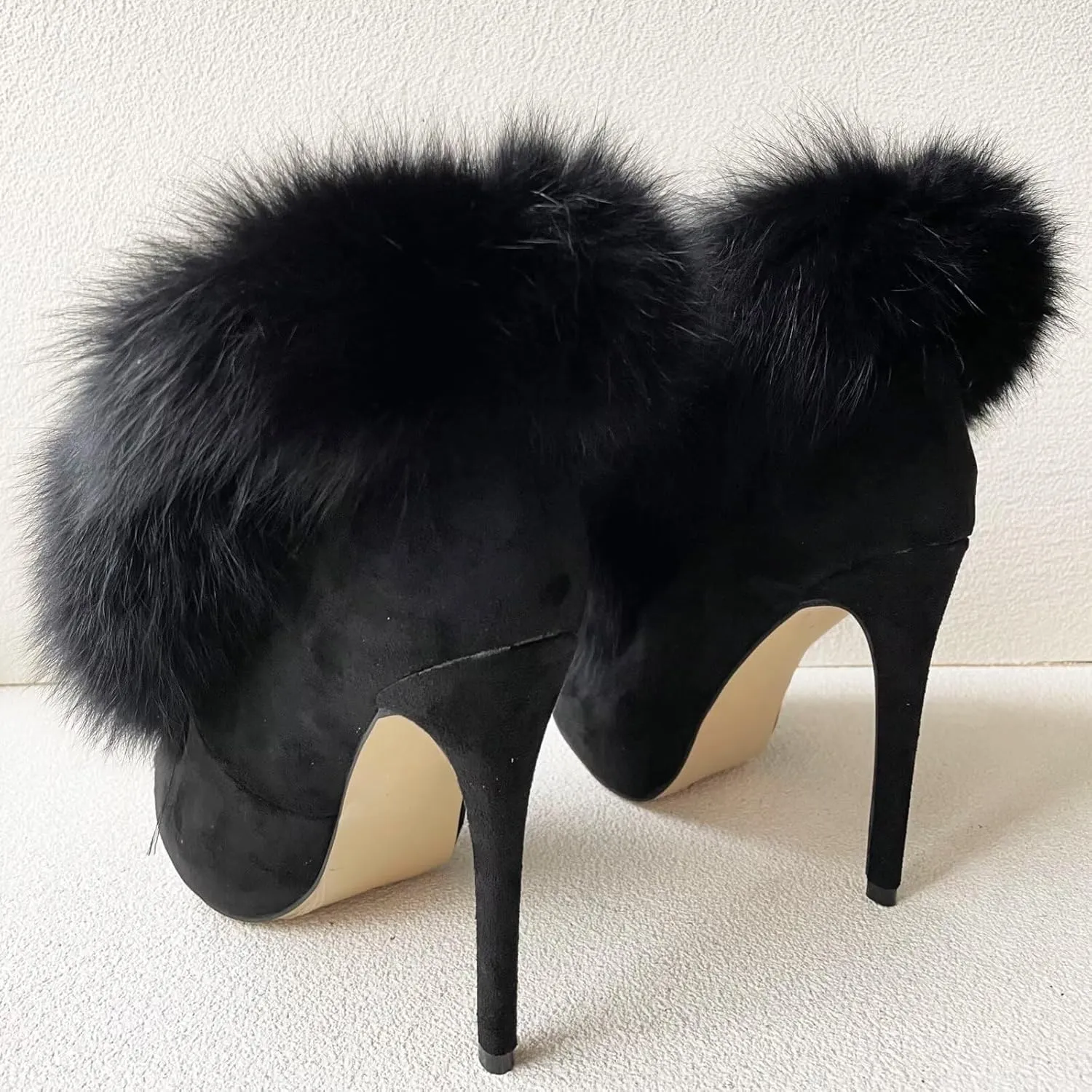 Frankie Hsu Luxury Sexy Stiletto Banquet High Heeled Pumps, Classic Black Faux Suede Real Fox Fur Fashion High Heeled Women Sandal, Big Large Size Designer Spike Shoes for Women Men