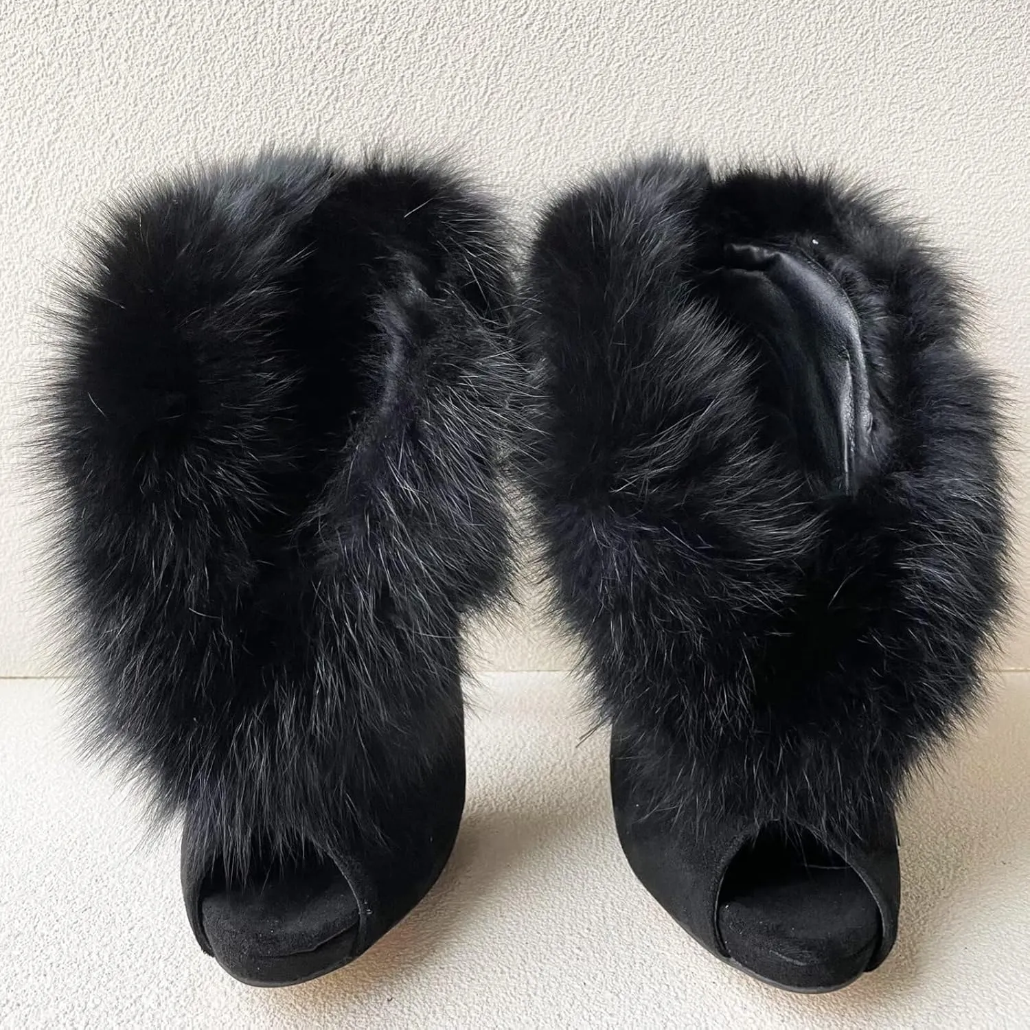 Frankie Hsu Luxury Sexy Stiletto Banquet High Heeled Pumps, Classic Black Faux Suede Real Fox Fur Fashion High Heeled Women Sandal, Big Large Size Designer Spike Shoes for Women Men