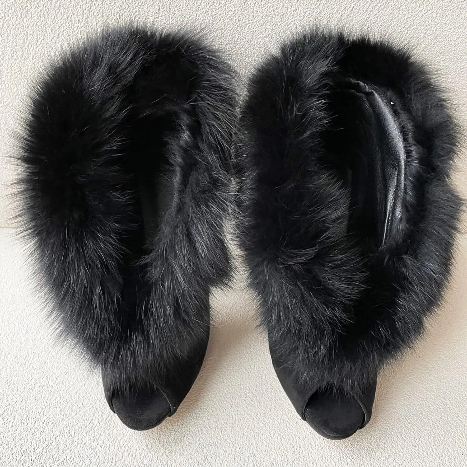 Frankie Hsu Luxury Sexy Stiletto Banquet High Heeled Pumps, Classic Black Faux Suede Real Fox Fur Fashion High Heeled Women Sandal, Big Large Size Designer Spike Shoes for Women Men