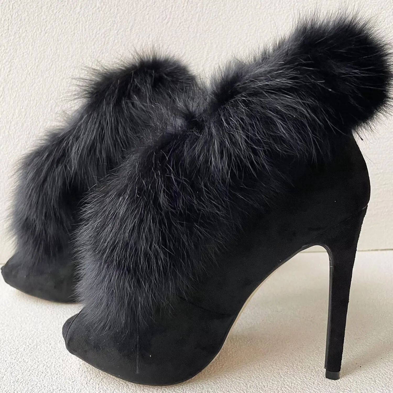 Frankie Hsu Luxury Sexy Stiletto Banquet High Heeled Pumps, Classic Black Faux Suede Real Fox Fur Fashion High Heeled Women Sandal, Big Large Size Designer Spike Shoes for Women Men