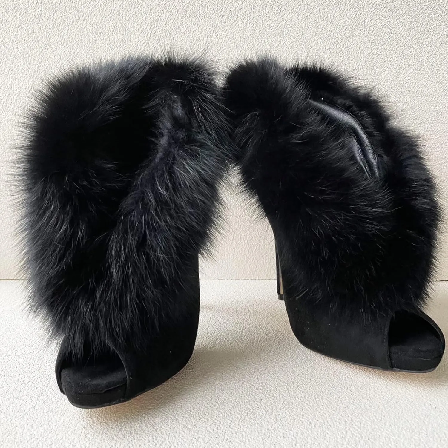 Frankie Hsu Luxury Sexy Stiletto Banquet High Heeled Pumps, Classic Black Faux Suede Real Fox Fur Fashion High Heeled Women Sandal, Big Large Size Designer Spike Shoes for Women Men