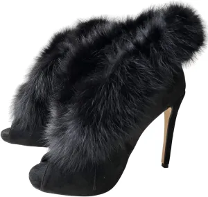 Frankie Hsu Luxury Sexy Stiletto Banquet High Heeled Pumps, Classic Black Faux Suede Real Fox Fur Fashion High Heeled Women Sandal, Big Large Size Designer Spike Shoes for Women Men