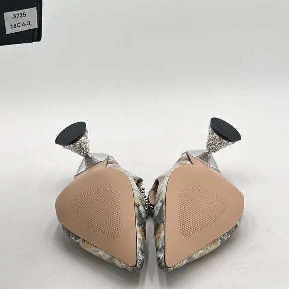 FSJ Marble Rhinestone Cone Low Heel Mule Pointed Toe One Strap Sandal Dress Shoe