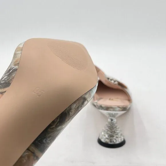 FSJ Marble Rhinestone Cone Low Heel Mule Pointed Toe One Strap Sandal Dress Shoe