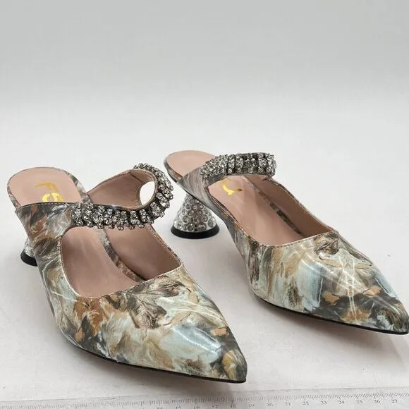 FSJ Marble Rhinestone Cone Low Heel Mule Pointed Toe One Strap Sandal Dress Shoe