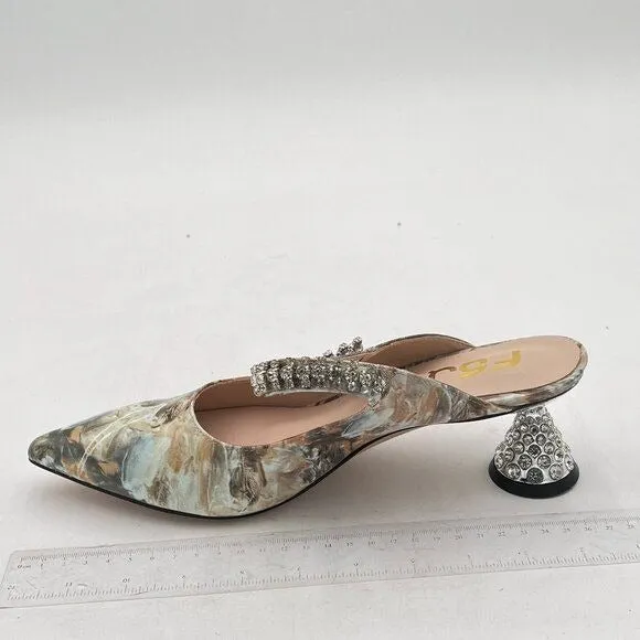 FSJ Marble Rhinestone Cone Low Heel Mule Pointed Toe One Strap Sandal Dress Shoe