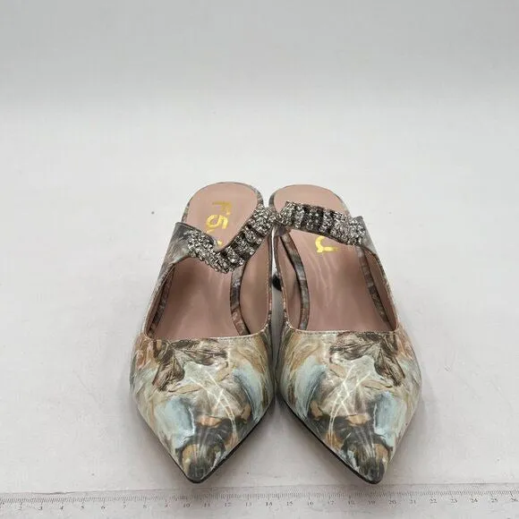 FSJ Marble Rhinestone Cone Low Heel Mule Pointed Toe One Strap Sandal Dress Shoe