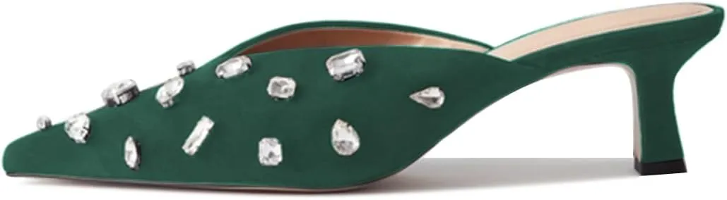 FSJ Women Retro Crystal Rhinestone Pointed Toe Slip on Kitten Heel Mules Low Heel Pumps Slide Slipper Girls Party Classic Outfit Sandals Size 4-15 US