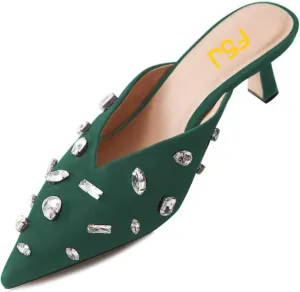 FSJ Women Retro Crystal Rhinestone Pointed Toe Slip on Kitten Heel Mules Low Heel Pumps Slide Slipper Girls Party Classic Outfit Sandals Size 4-15 US