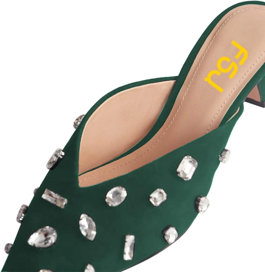 FSJ Women Retro Crystal Rhinestone Pointed Toe Slip on Kitten Heel Mules Low Heel Pumps Slide Slipper Girls Party Classic Outfit Sandals Size 4-15 US