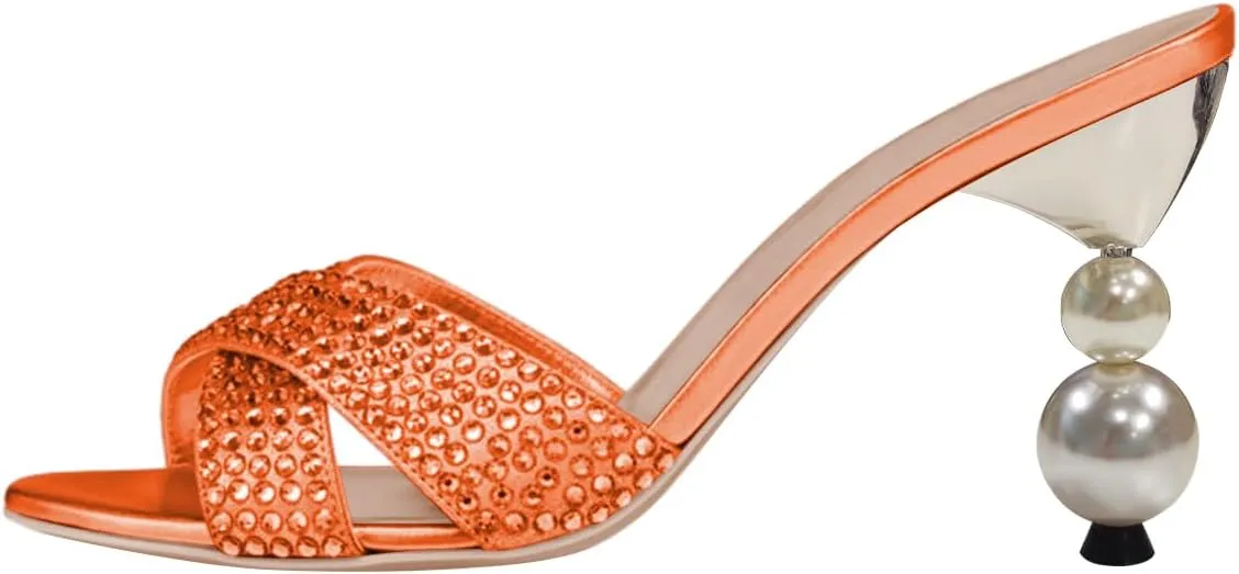 FSJ Women Rhinestone Heeled Sandals Open Peep Toe Pearls Heel Cross Strap Elegant Mule Slip On Wedding Party High Heel Slippers Size 4-16 US