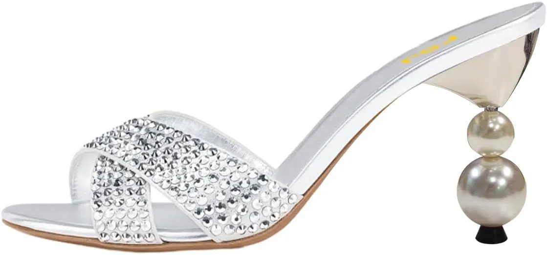 FSJ Women Rhinestone Heeled Sandals Open Peep Toe Pearls Heel Cross Strap Elegant Mule Slip On Wedding Party High Heel Slippers Size 4-16 US