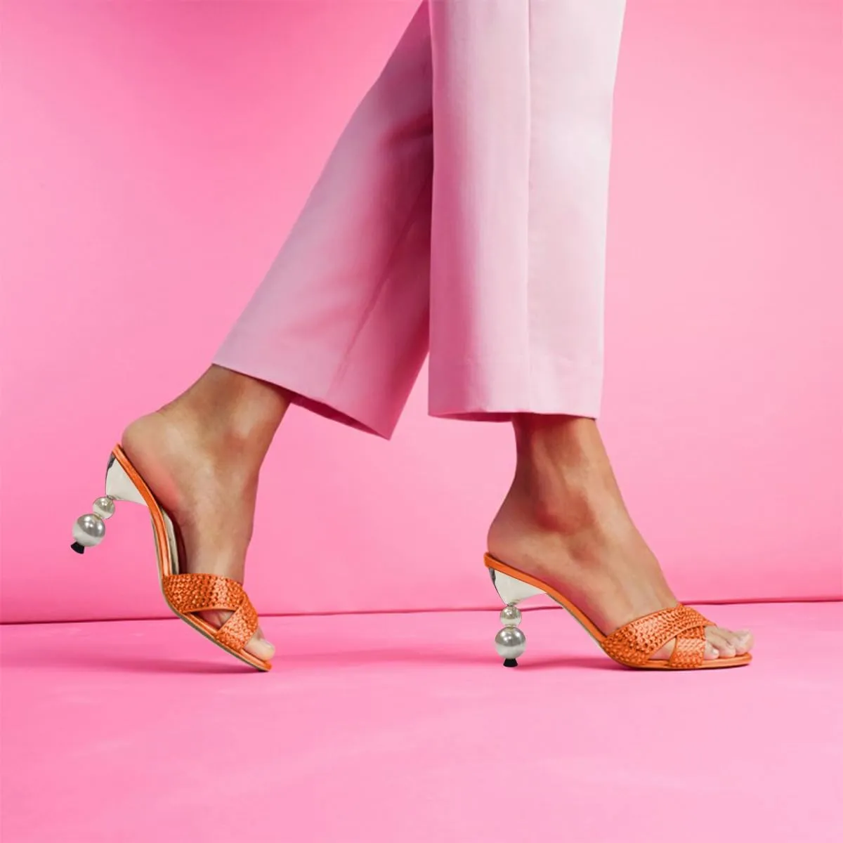 FSJ Women Rhinestone Heeled Sandals Open Peep Toe Pearls Heel Cross Strap Elegant Mule Slip On Wedding Party High Heel Slippers Size 4-16 US