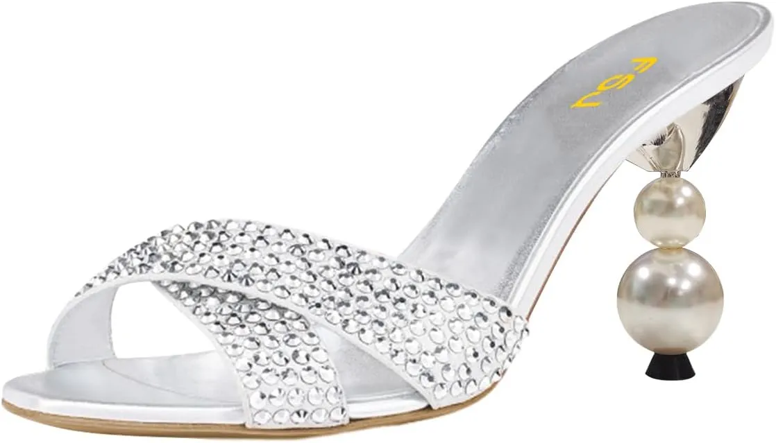FSJ Women Rhinestone Heeled Sandals Open Peep Toe Pearls Heel Cross Strap Elegant Mule Slip On Wedding Party High Heel Slippers Size 4-16 US
