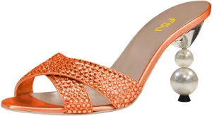 FSJ Women Rhinestone Heeled Sandals Open Peep Toe Pearls Heel Cross Strap Elegant Mule Slip On Wedding Party High Heel Slippers Size 4-16 US
