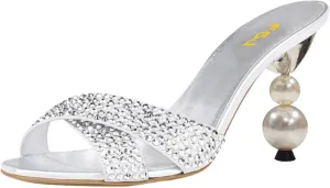 FSJ Women Rhinestone Heeled Sandals Open Peep Toe Pearls Heel Cross Strap Elegant Mule Slip On Wedding Party High Heel Slippers Size 4-16 US