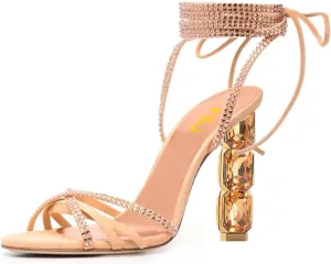 FSJ Women Rhinestones Strappy Jeweled Beaded Chunky High Heel Lace-up Sandals Open Toe Ankle Strap Block Heel Sparkly Party Evening Dress Shoes Size 4-16 US