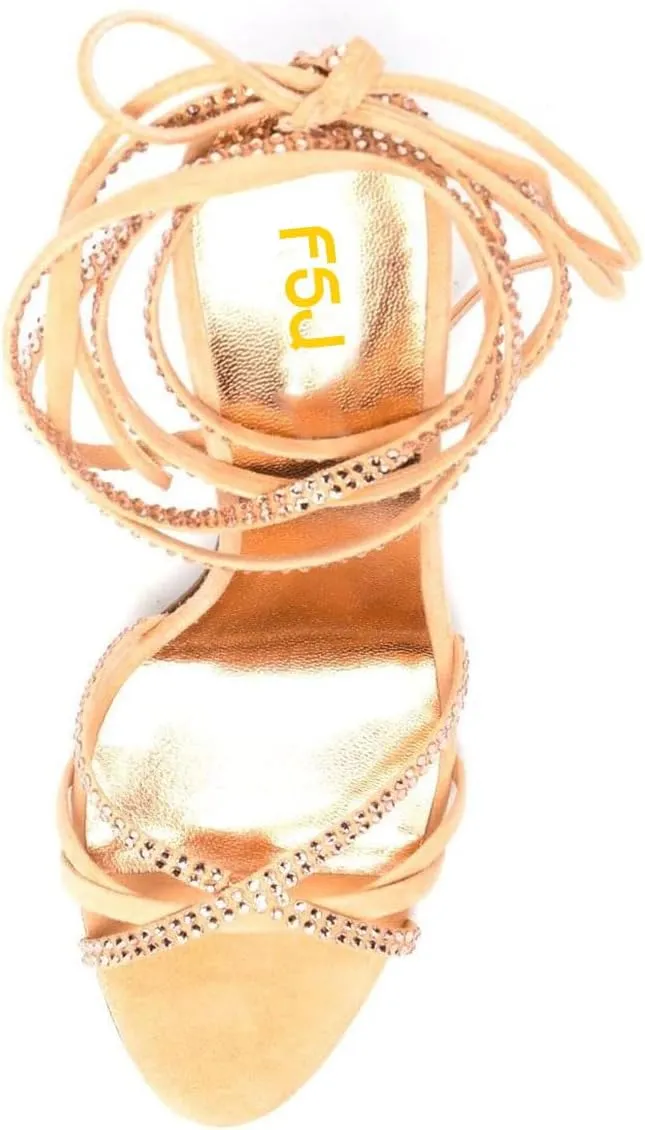 FSJ Women Rhinestones Strappy Jeweled Beaded Chunky High Heel Lace-up Sandals Open Toe Ankle Strap Block Heel Sparkly Party Evening Dress Shoes Size 4-16 US