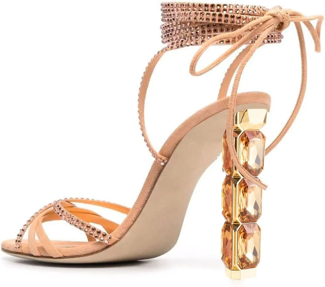 FSJ Women Rhinestones Strappy Jeweled Beaded Chunky High Heel Lace-up Sandals Open Toe Ankle Strap Block Heel Sparkly Party Evening Dress Shoes Size 4-16 US