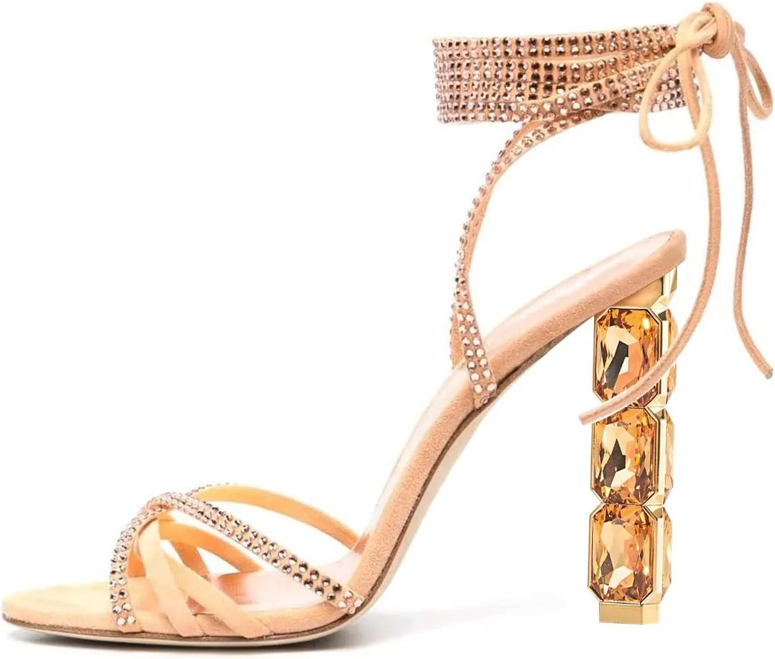 FSJ Women Rhinestones Strappy Jeweled Beaded Chunky High Heel Lace-up Sandals Open Toe Ankle Strap Block Heel Sparkly Party Evening Dress Shoes Size 4-16 US