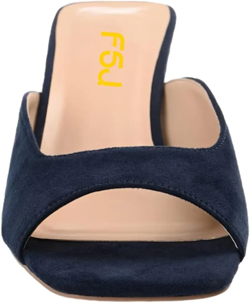FSJ Women Square Open Toe Block Crystal Low Heel Mule Sandals Backless Slip On Jeweled Slide Heels Comfort Casual Slipper Dress Shoes Size 4-16 US