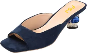 FSJ Women Square Open Toe Block Crystal Low Heel Mule Sandals Backless Slip On Jeweled Slide Heels Comfort Casual Slipper Dress Shoes Size 4-16 US