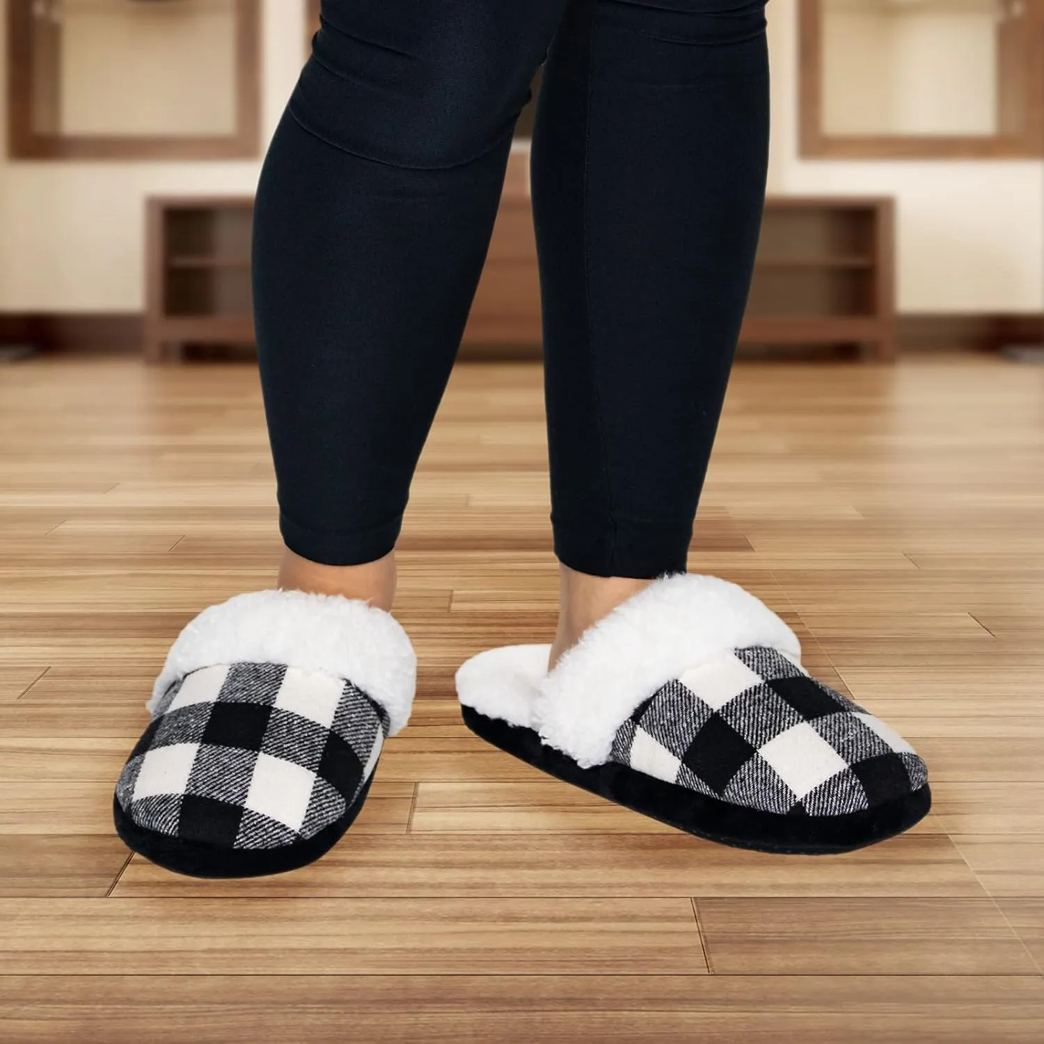 Fuzzy Buffalo Plaid Slippers for Women & Men, Sherpa House Shoes for Indoor & Outdoor, Fluffy Slides, Slide On Cute Novelty