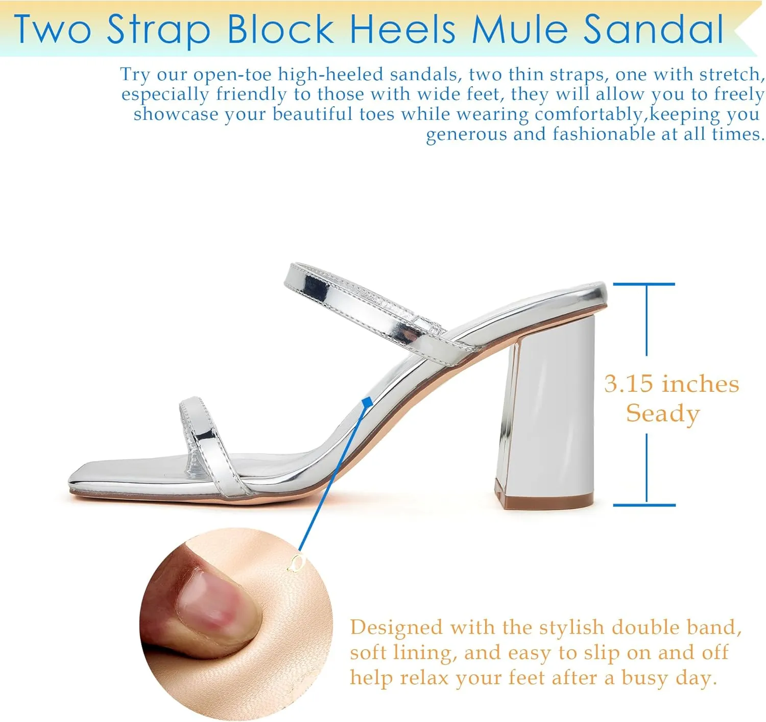 GENSHUO High Chunky Heels for Women Fashion Comfort Slip on Square Open Toe Block Heel Sandals Two Strap Backless Mules