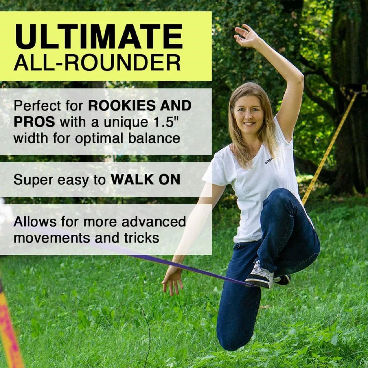 GIBBON BananaLama Slackline with TreeWear - Innovative 1.5" Width Ultimate All Rounder Slack Line - Quality Reliable Set Up for Family Kids and Adults